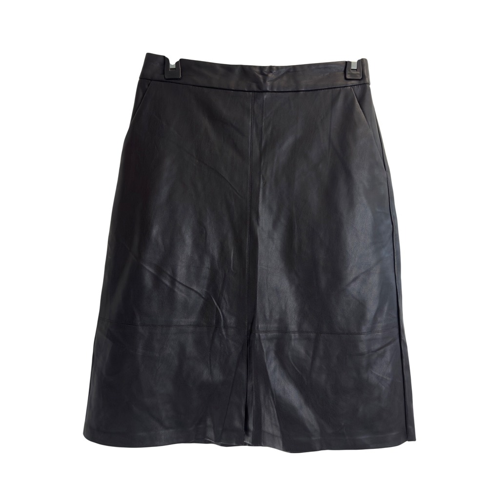 A New Day Black Faux Leather Midi Skirt Women's Size 2 High Rise Pockets